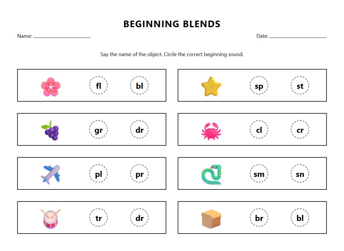 Beginning Blend Sound Identification Worksheet
