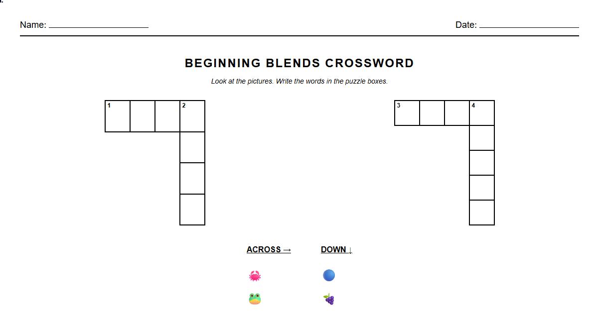 Beginning Blends Crossword Puzzle for Phonics Skills