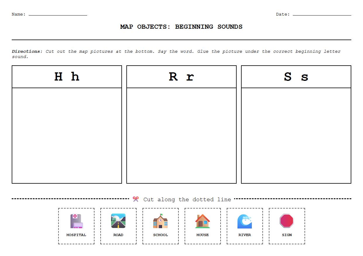 Beginning Sounds Sorting with Map Objects Worksheet