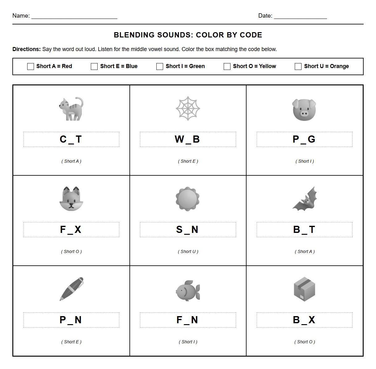 Blending Sounds Color by Phonics Code Worksheet