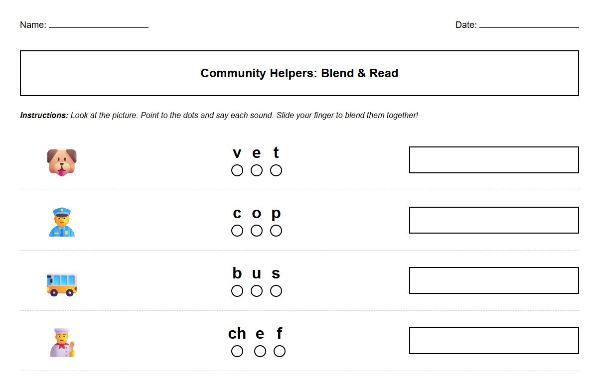 Blending Sounds Worksheet Featuring Community Helper Labels