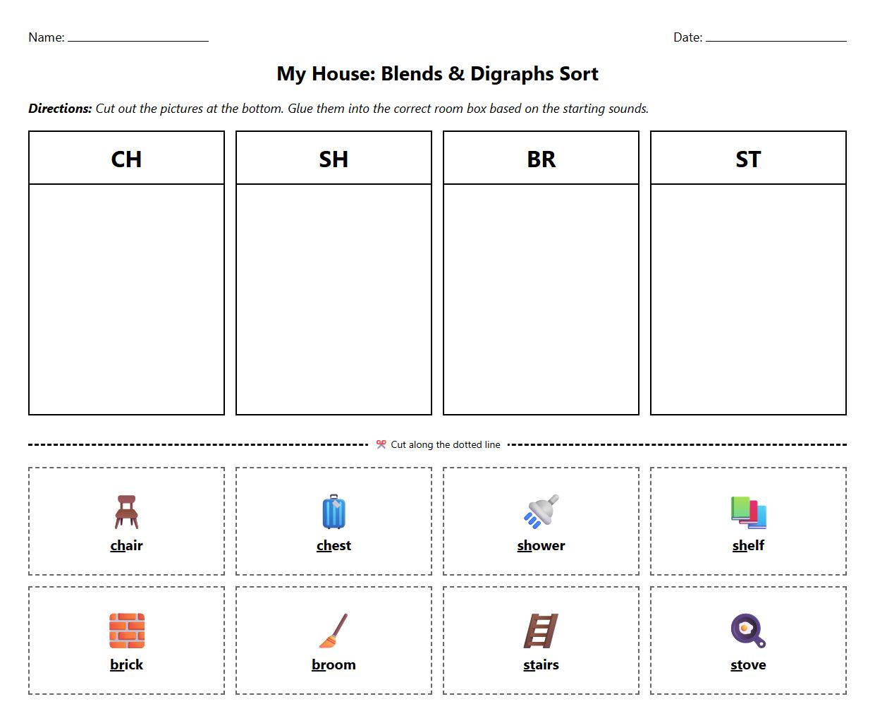 Blends and Digraphs Sorting Worksheet with House-related Terms