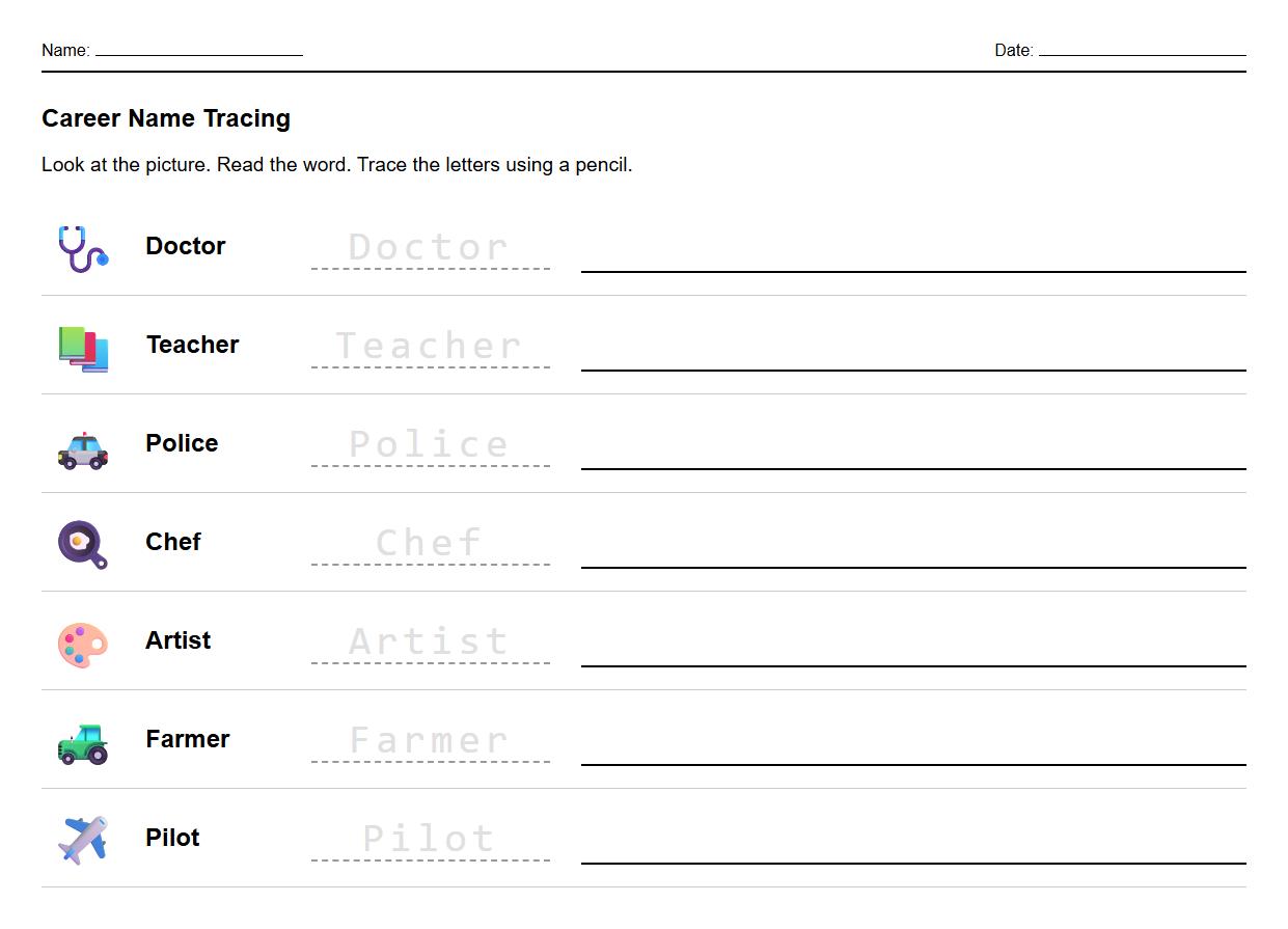 Career Name Tracing Exercise for Handwriting Practice and Phonics Processing
