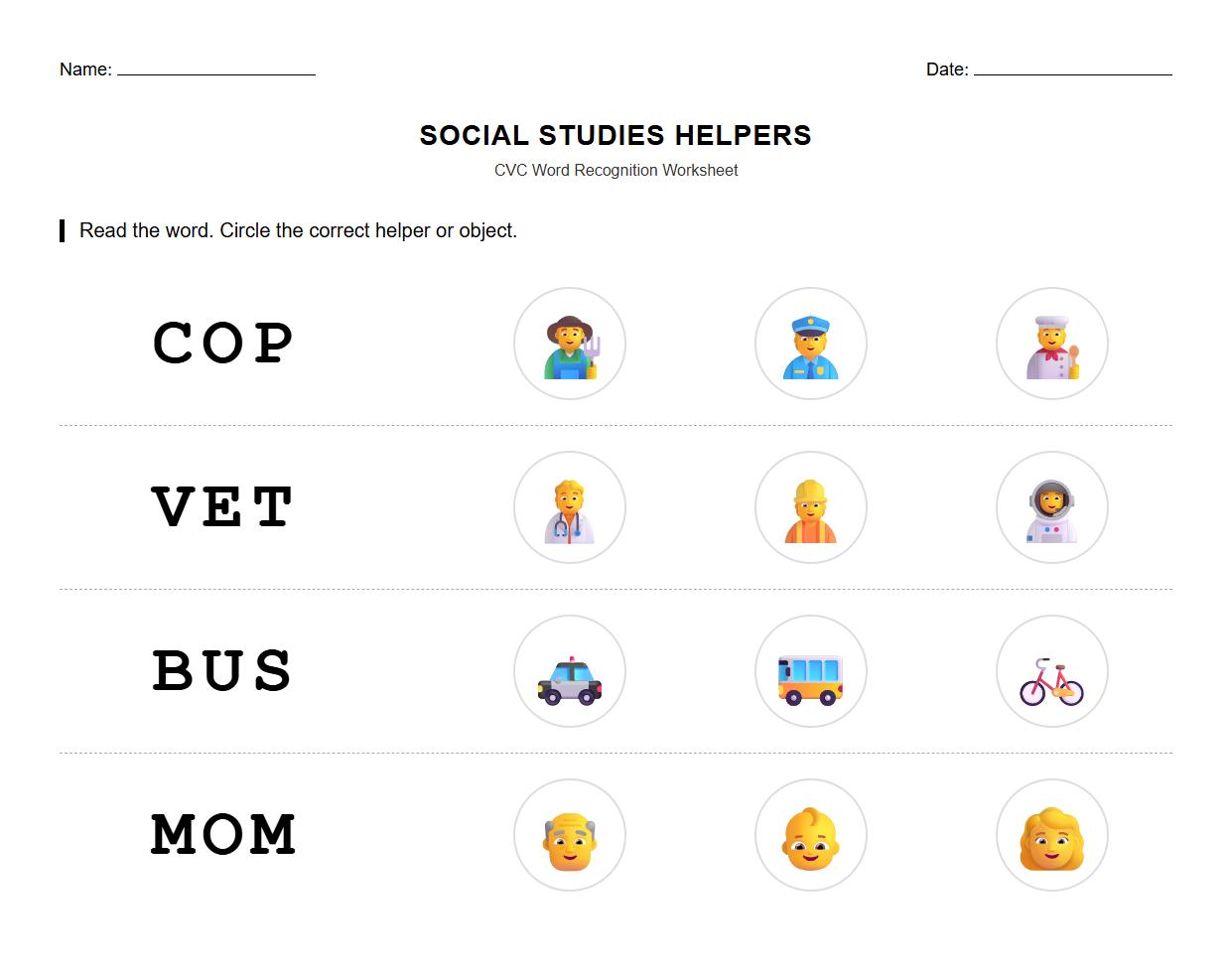 Circle the Correct Helper Worksheet Featuring CVC Word Recognition