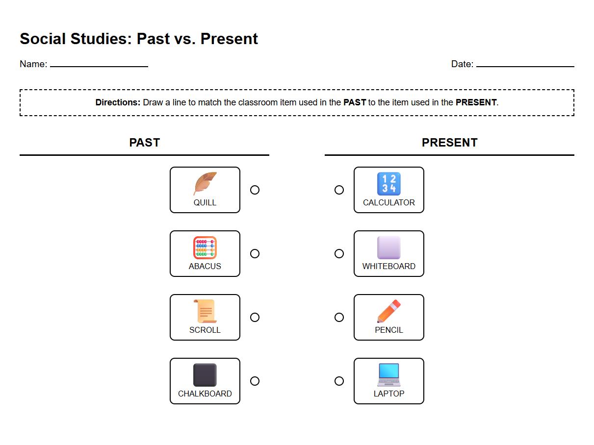 Classroom Items Past versus Present Matching Exercise