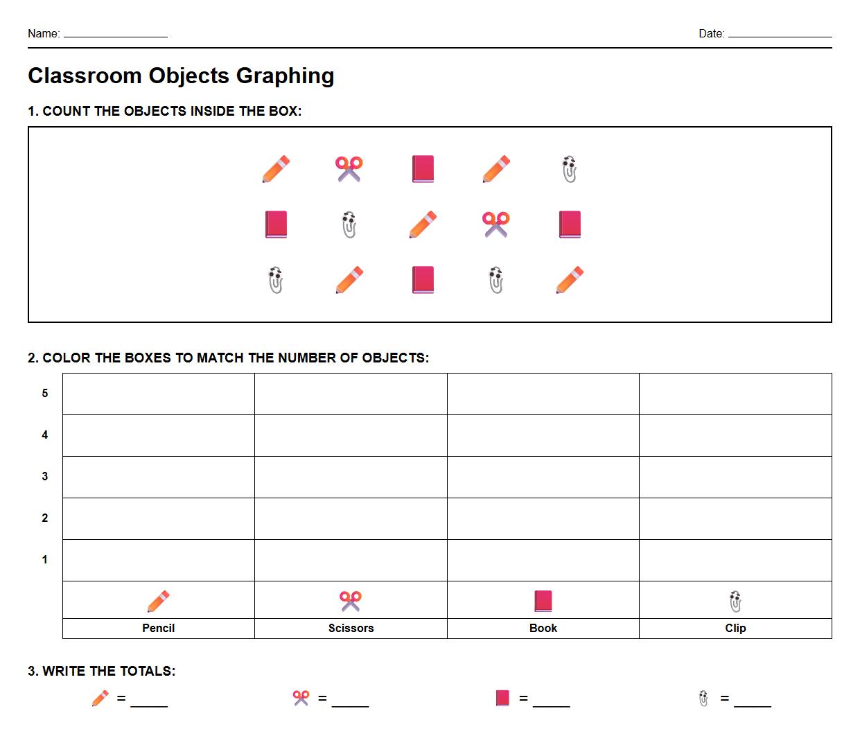 Classroom Objects Data Set and Pictograph Worksheet