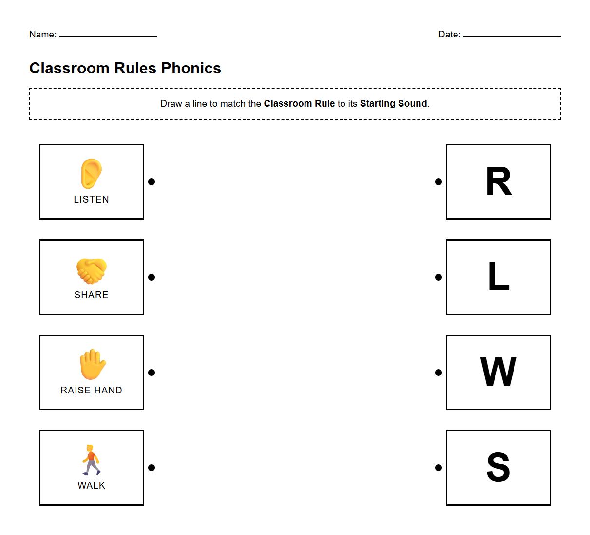 Classroom Rules Phonics matching worksheet with visual cues