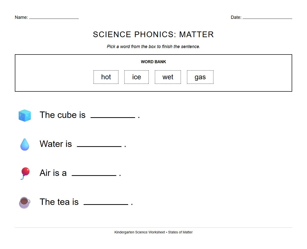Cloze Passage with Phonics Focus on Matter Concepts