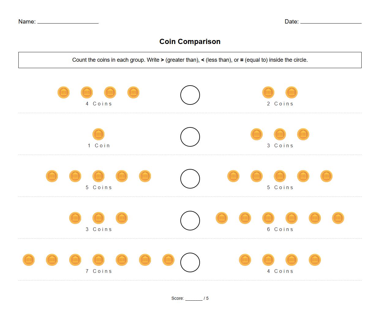 Coin Comparison Greater or Less Than Worksheet