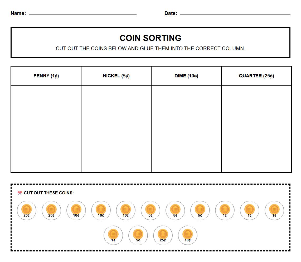 Coin Sorting Worksheet with real world images of pennies nickels dimes and quarters