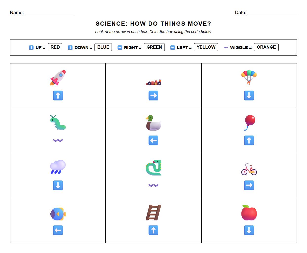 Color by Code Worksheet for Motion Direction Identification