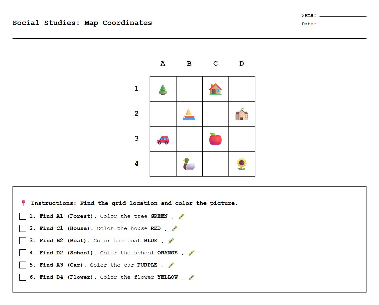Color by Coordinates Sheet for Reinforcing Map Reading
