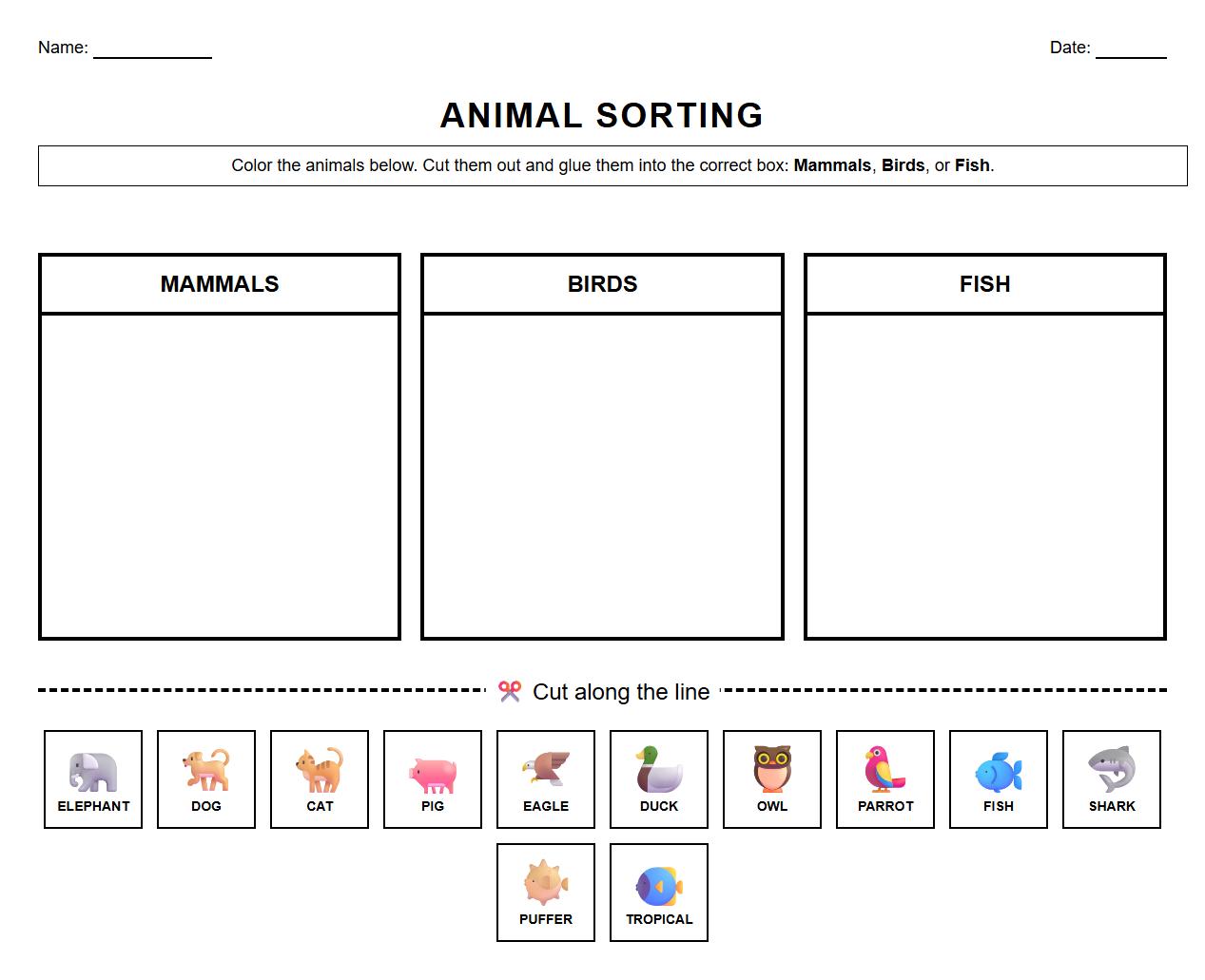 Color and Sort Worksheet for Mammals Birds Fish