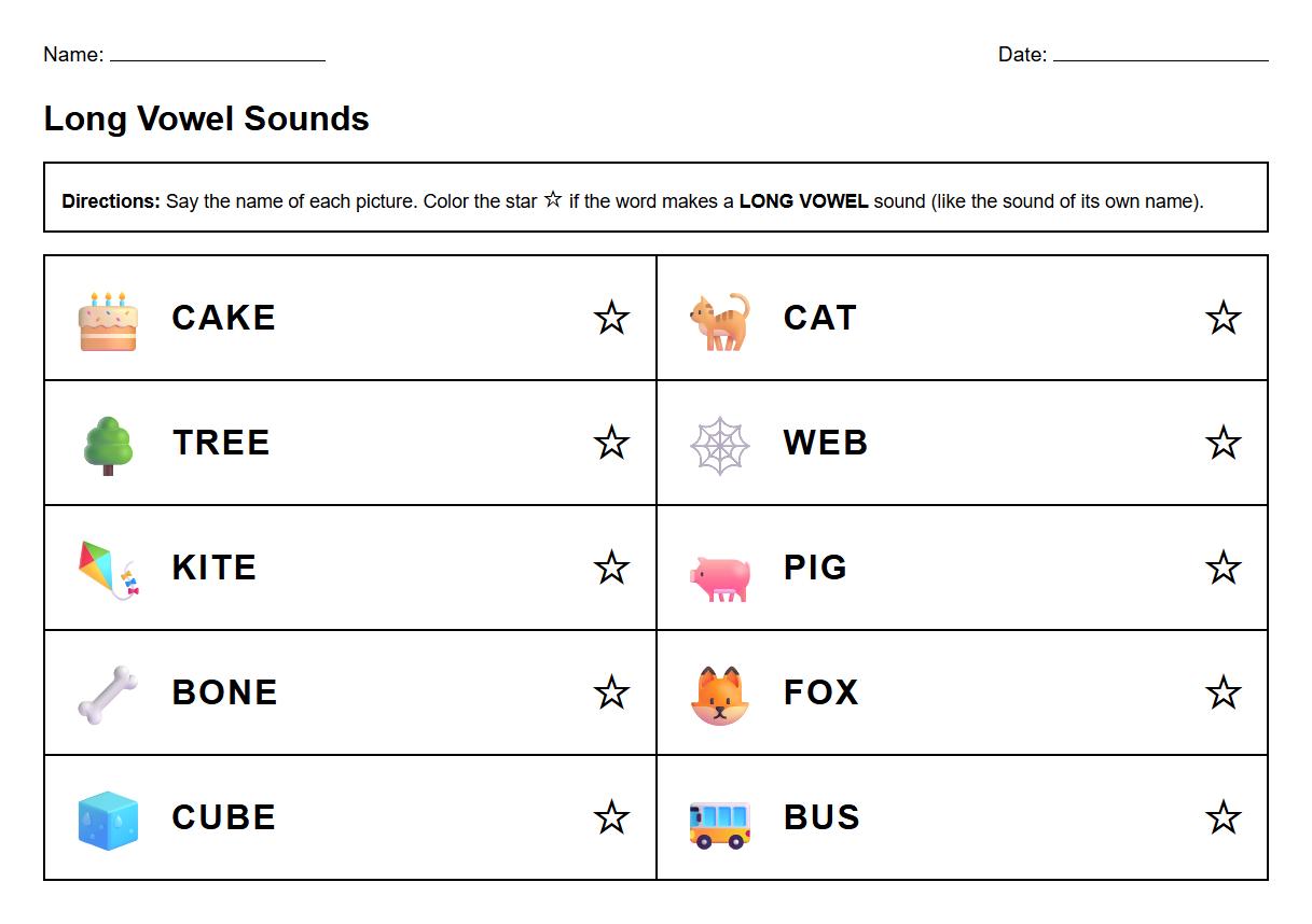 Coloring Long Vowel Sounds in Words Phonics Worksheet