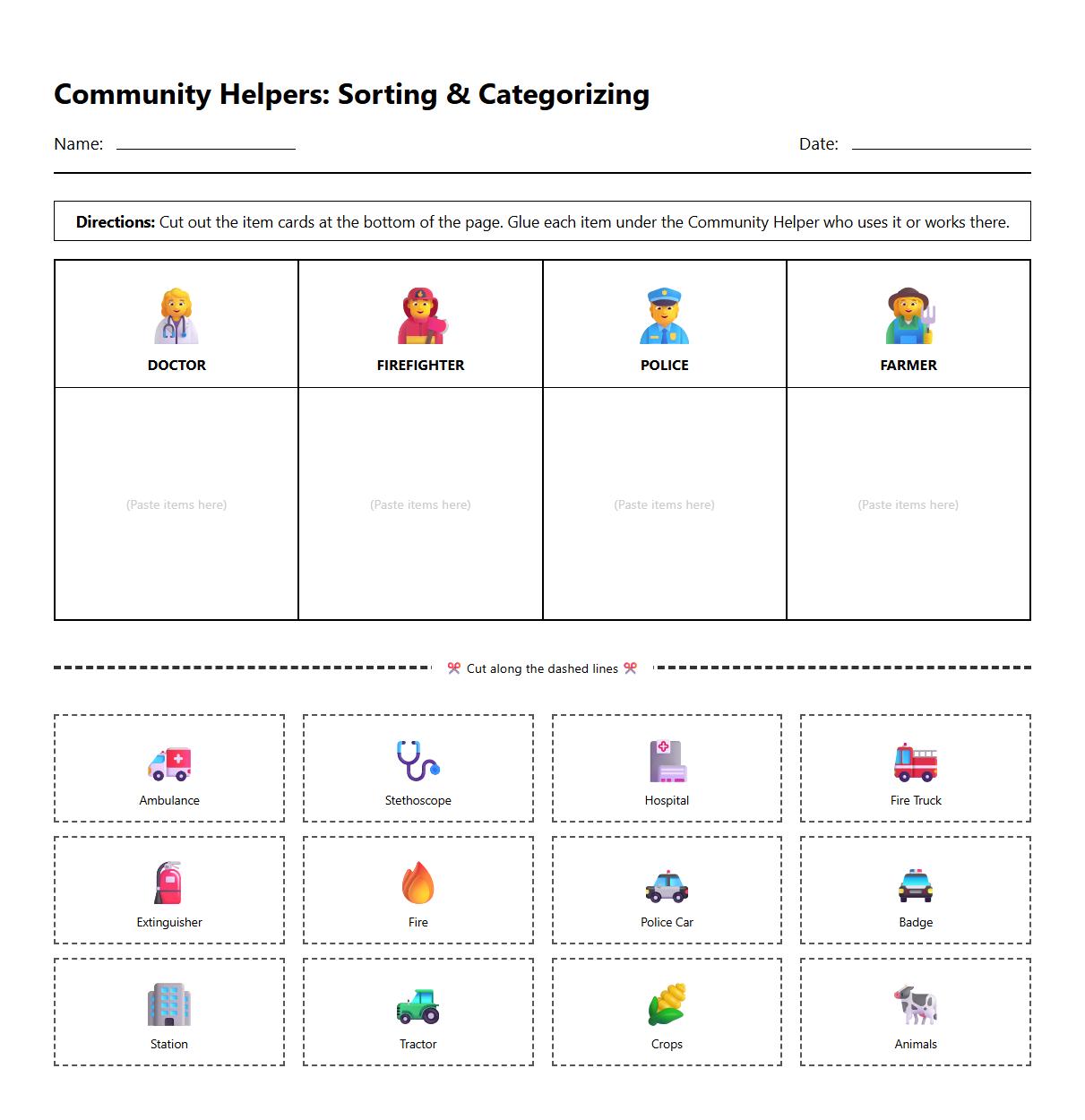Community Helper Role Cards Semantic Categorization Worksheet