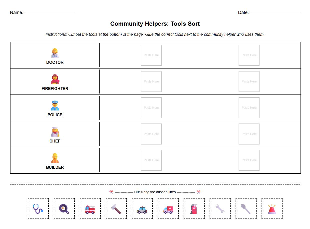 Community Helpers Roles and Tools Visual Discrimination Sort
