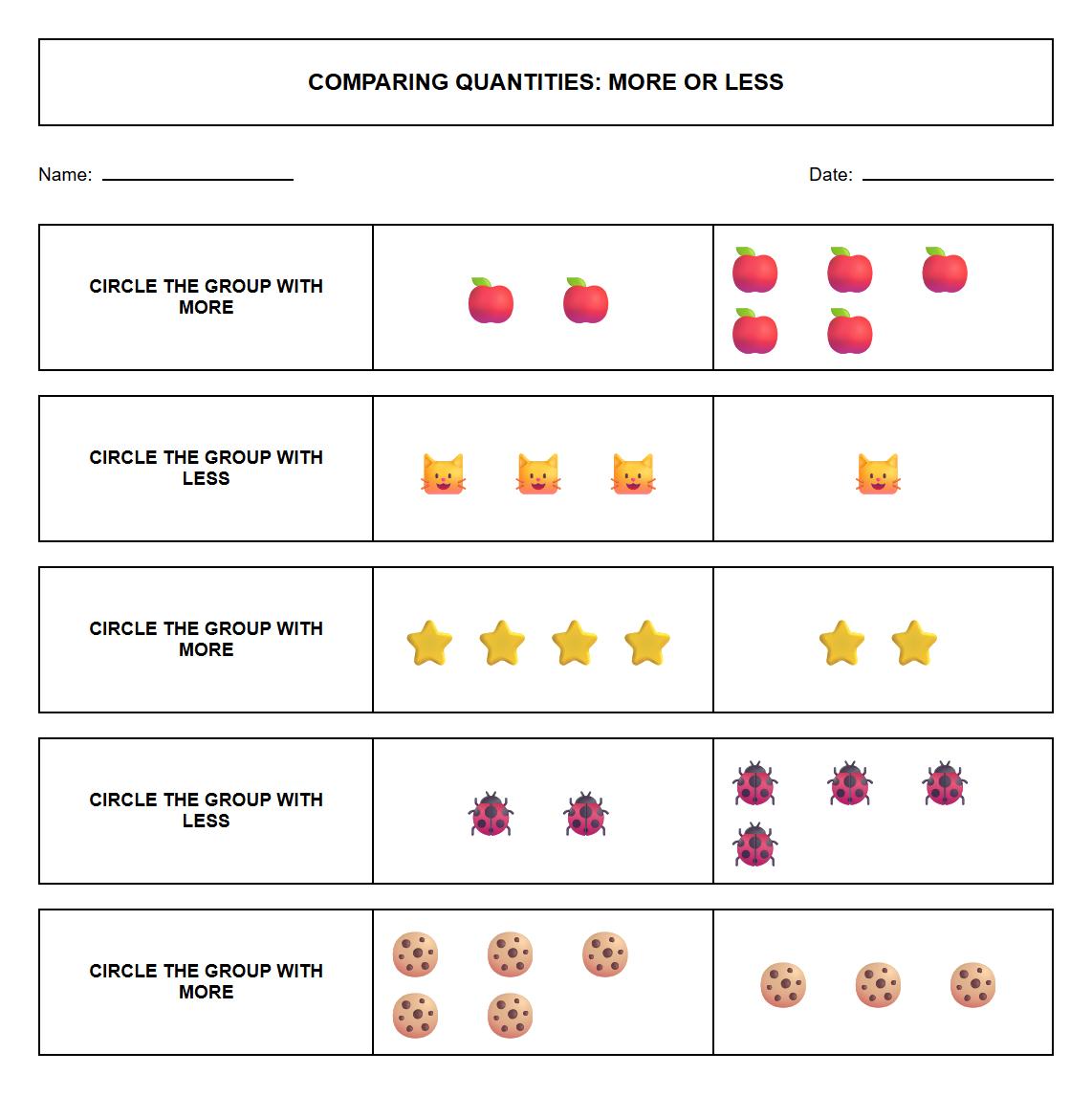 Comparing Quantities with More or Less Worksheet