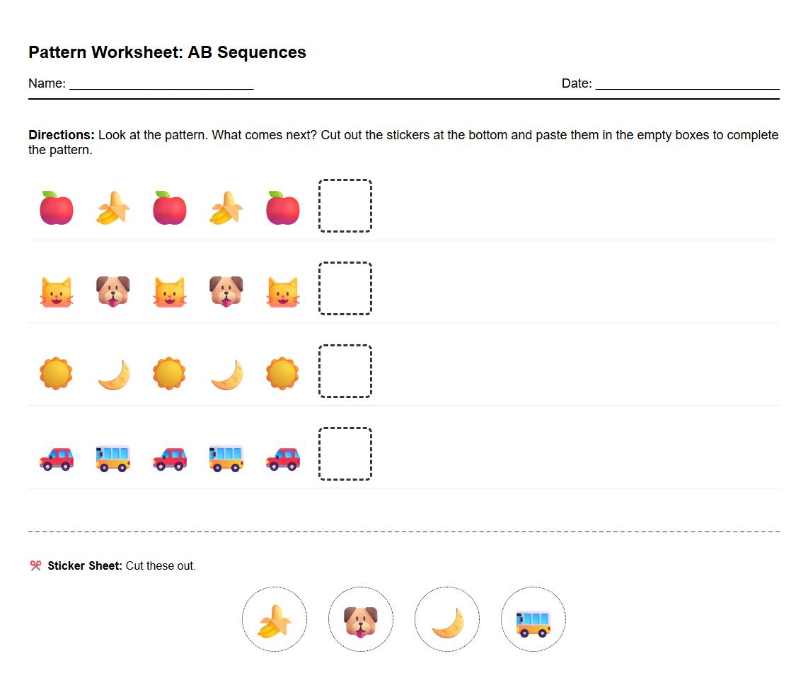 Completing AB Pattern with Stickers Worksheet for Kindergarten
