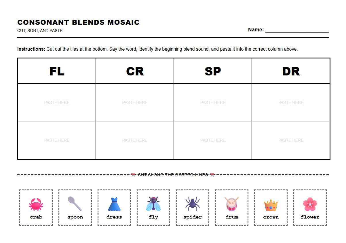 Consonant Blends Mosaic Cut and Sort Worksheet