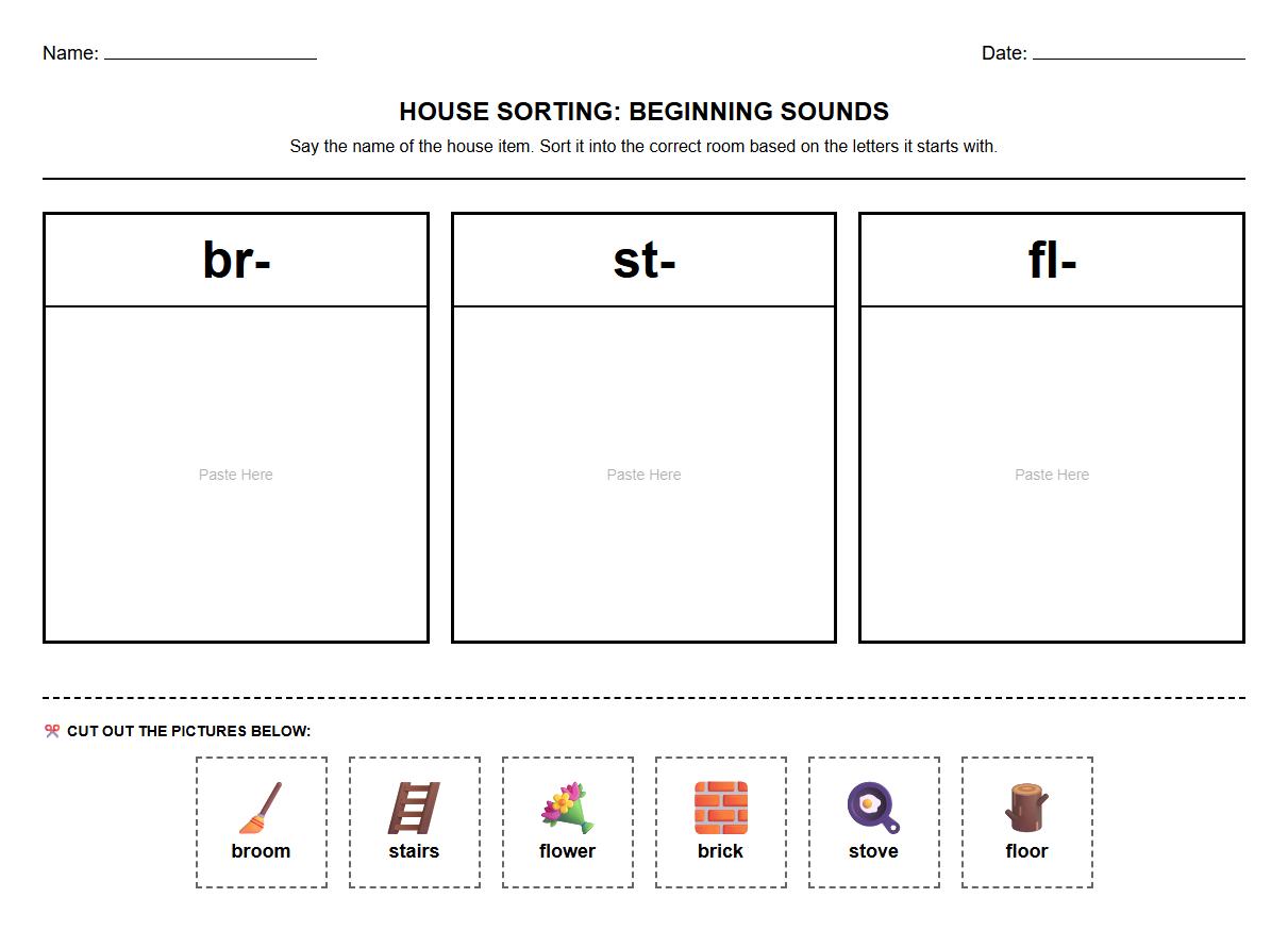 Consonant Cluster Sorting Worksheet using House Vocabulary