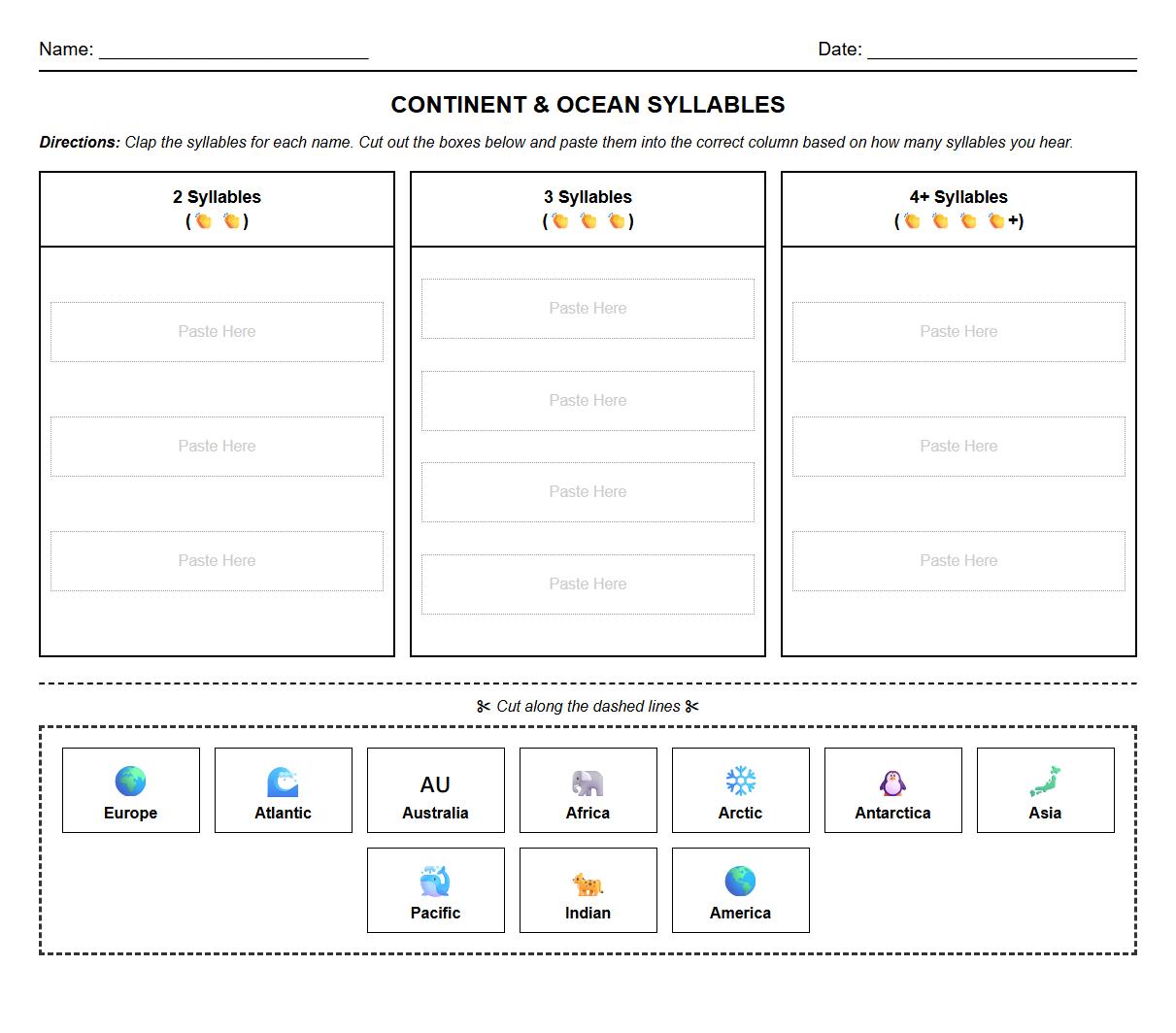 Continent and Ocean Names Syllable Sorting Worksheet