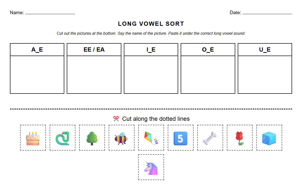 Cut and paste activity for long vowel syllable recognition