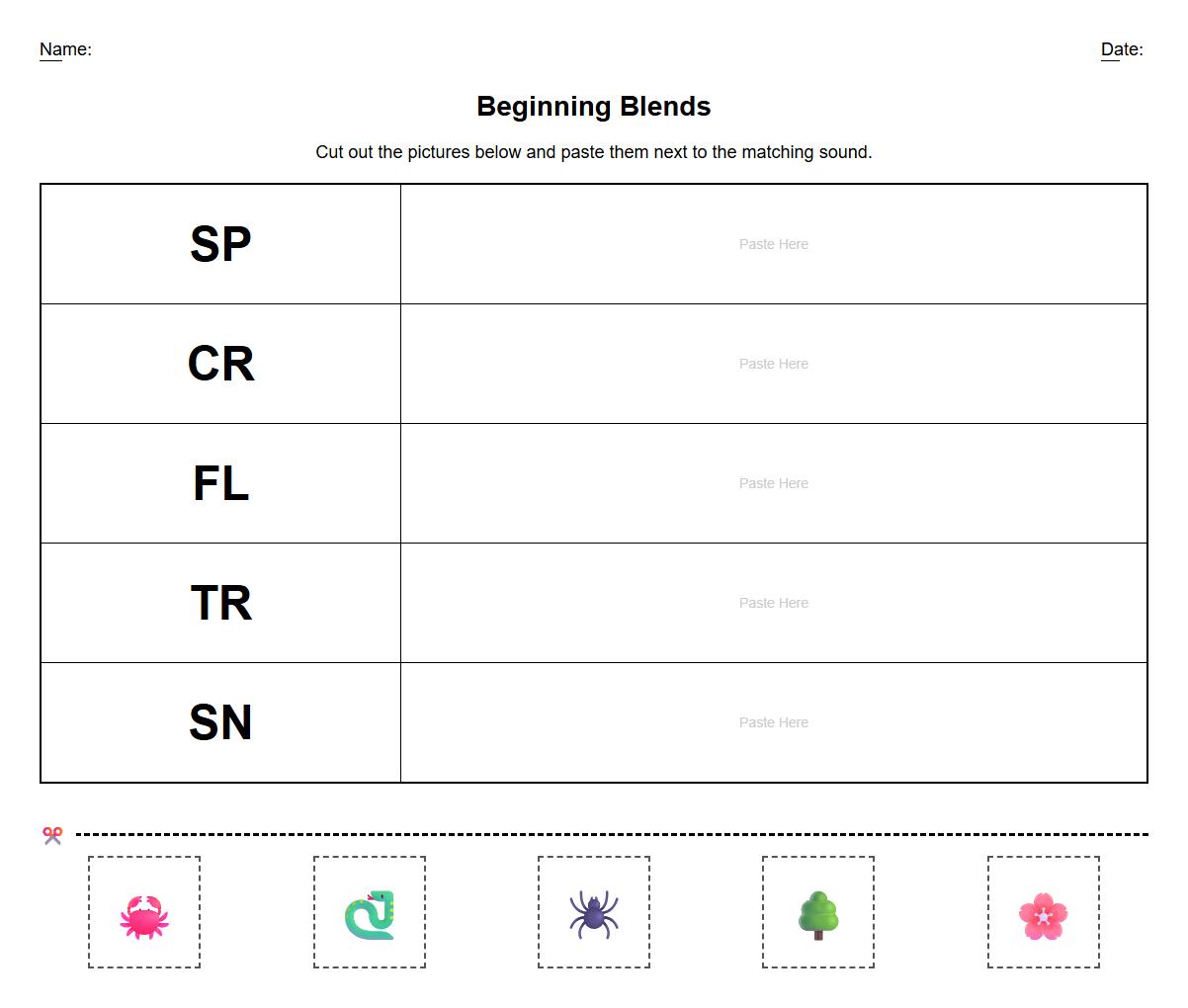 Cut and Paste Beginning Blends Pairing Task