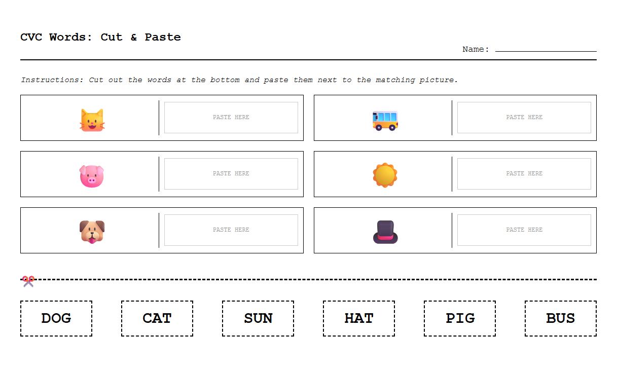 Cut and Paste CVC Words Phonics Worksheet Activity