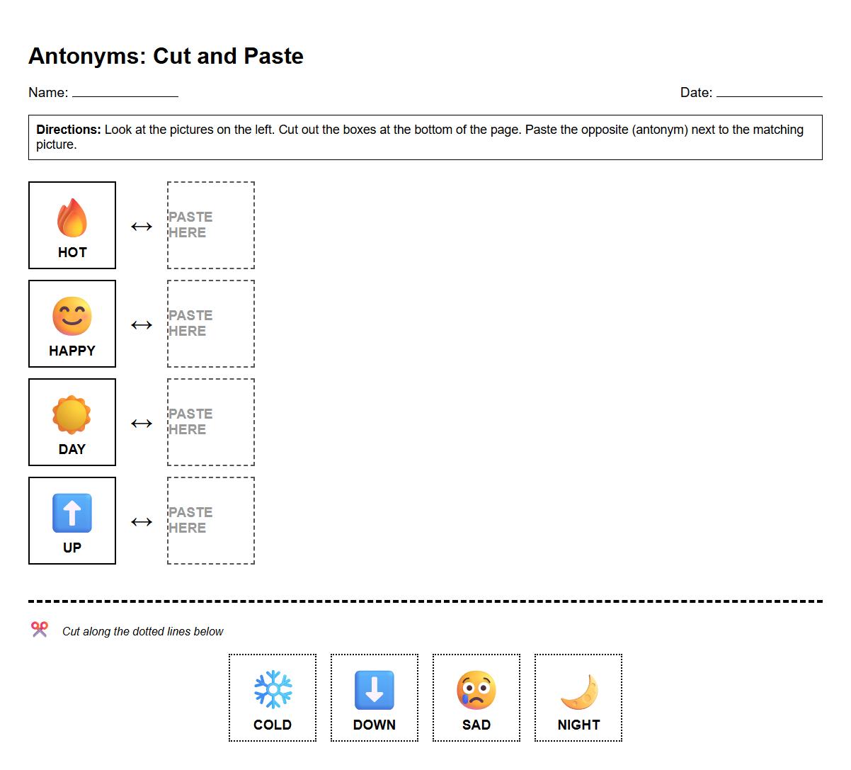 Cut and Paste Interactive Antonyms Assignment for Fine Motor Skills