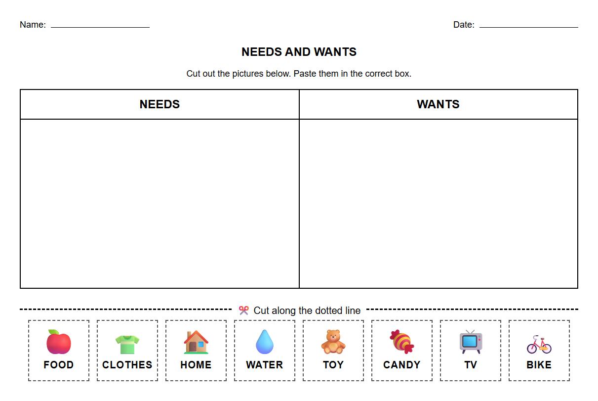 Cut and Paste Needs and Wants Worksheet Using Sight Words