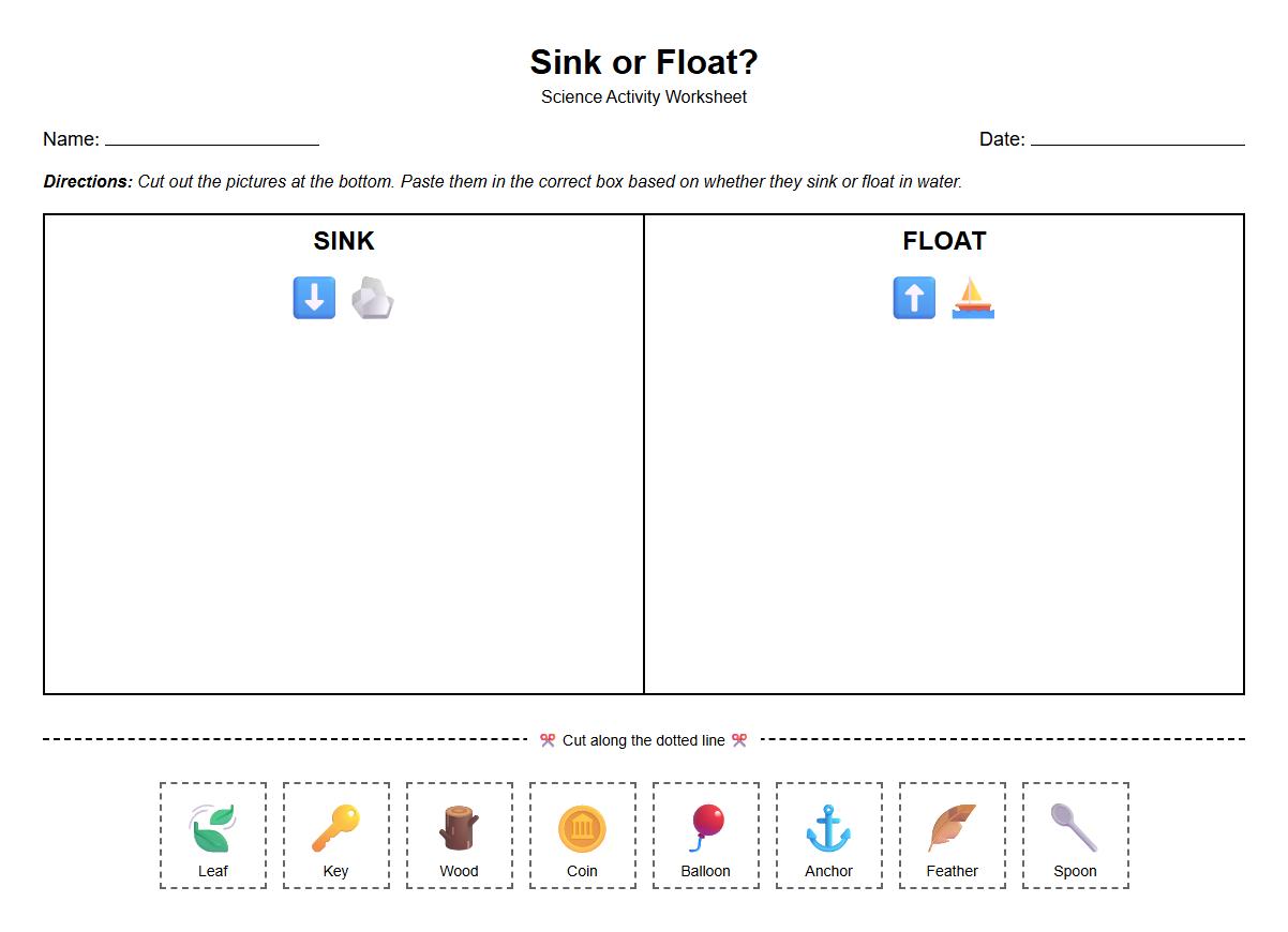 Cut and Paste Sink or Float Properties Worksheet