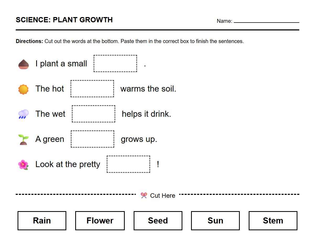 Cut and paste word families to complete plant growth stage sentences