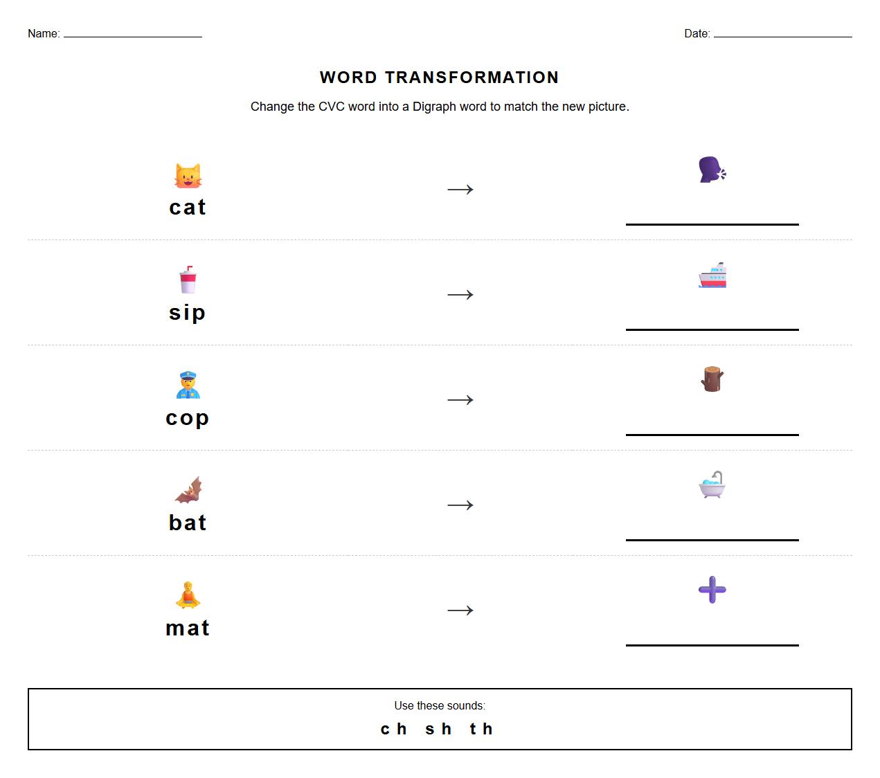 CVC to Digraphs Word Transformation Worksheet