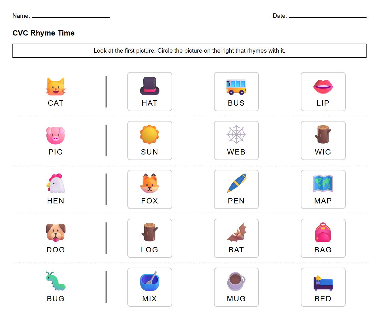 CVC Short Vowel Sound Rhyming Task