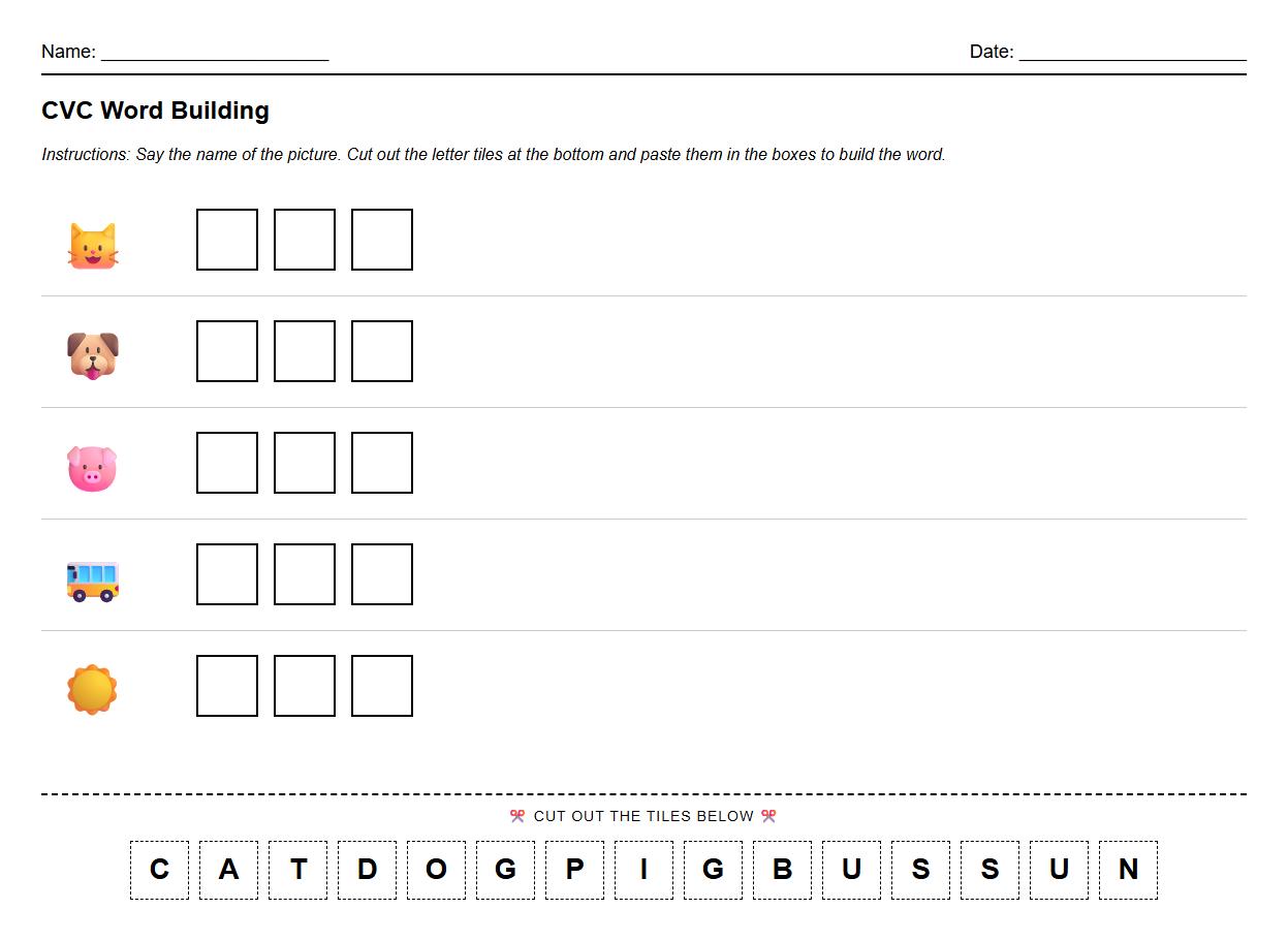 CVC Word Building Using Letter Tiles Worksheet