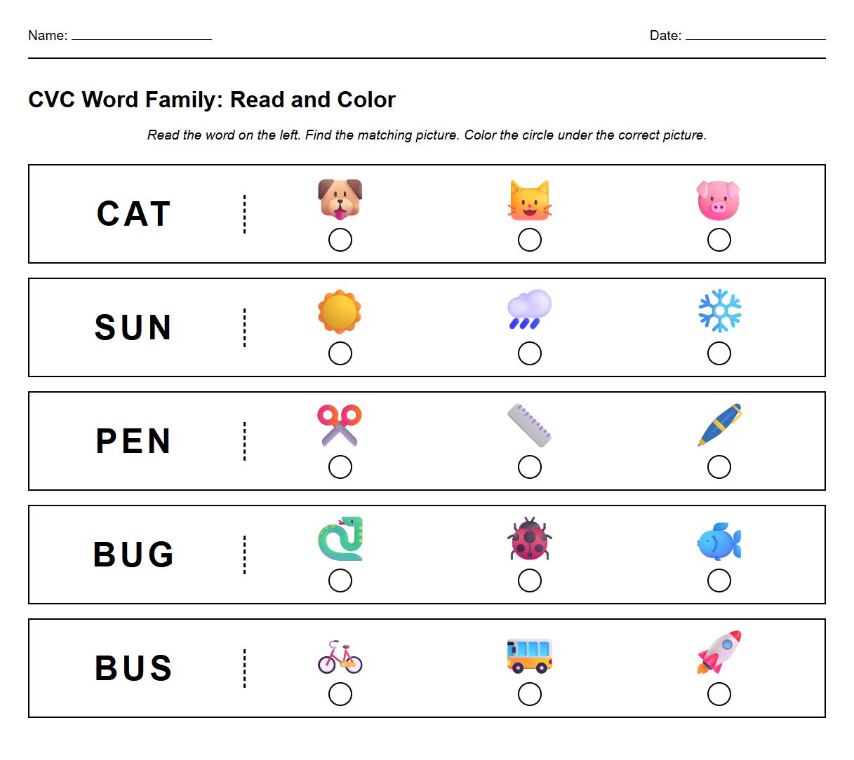 CVC Word Family Read and Color Activity