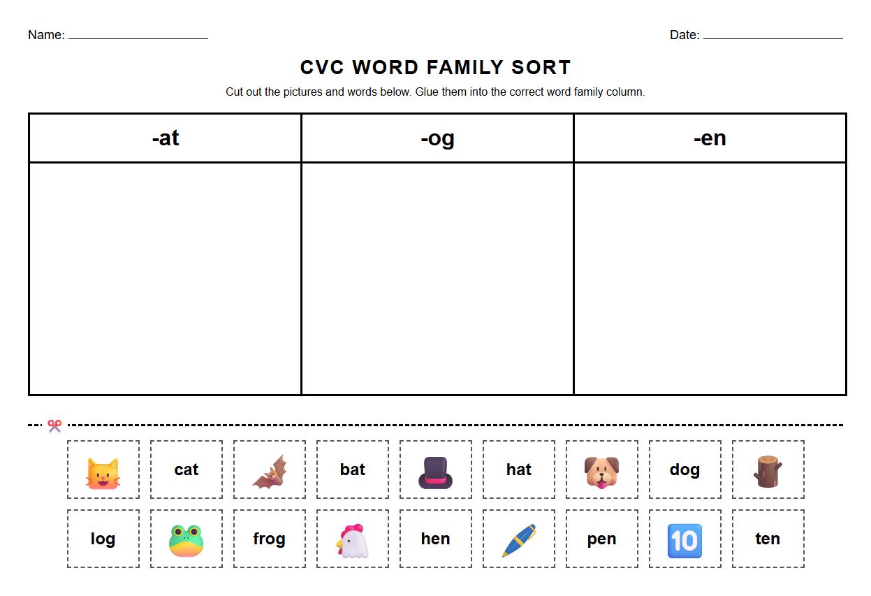 CVC Word Family Sorting with Images and Words Worksheet