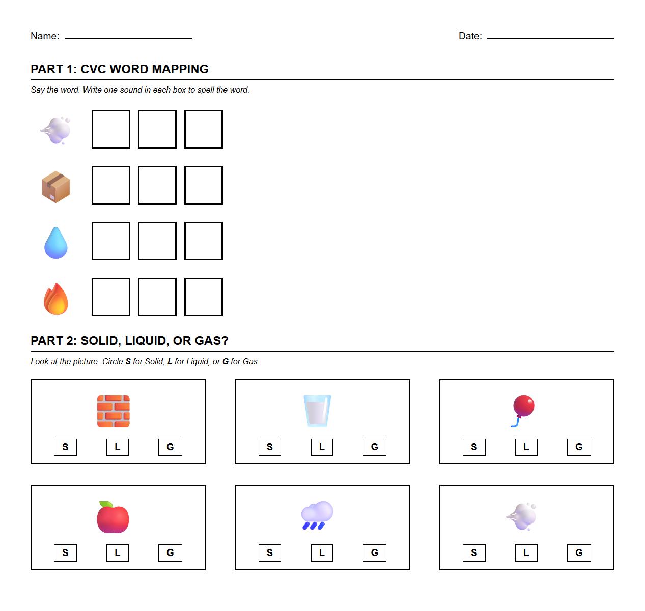 CVC Word Mapping with Solid, Liquid, Gas Labeling