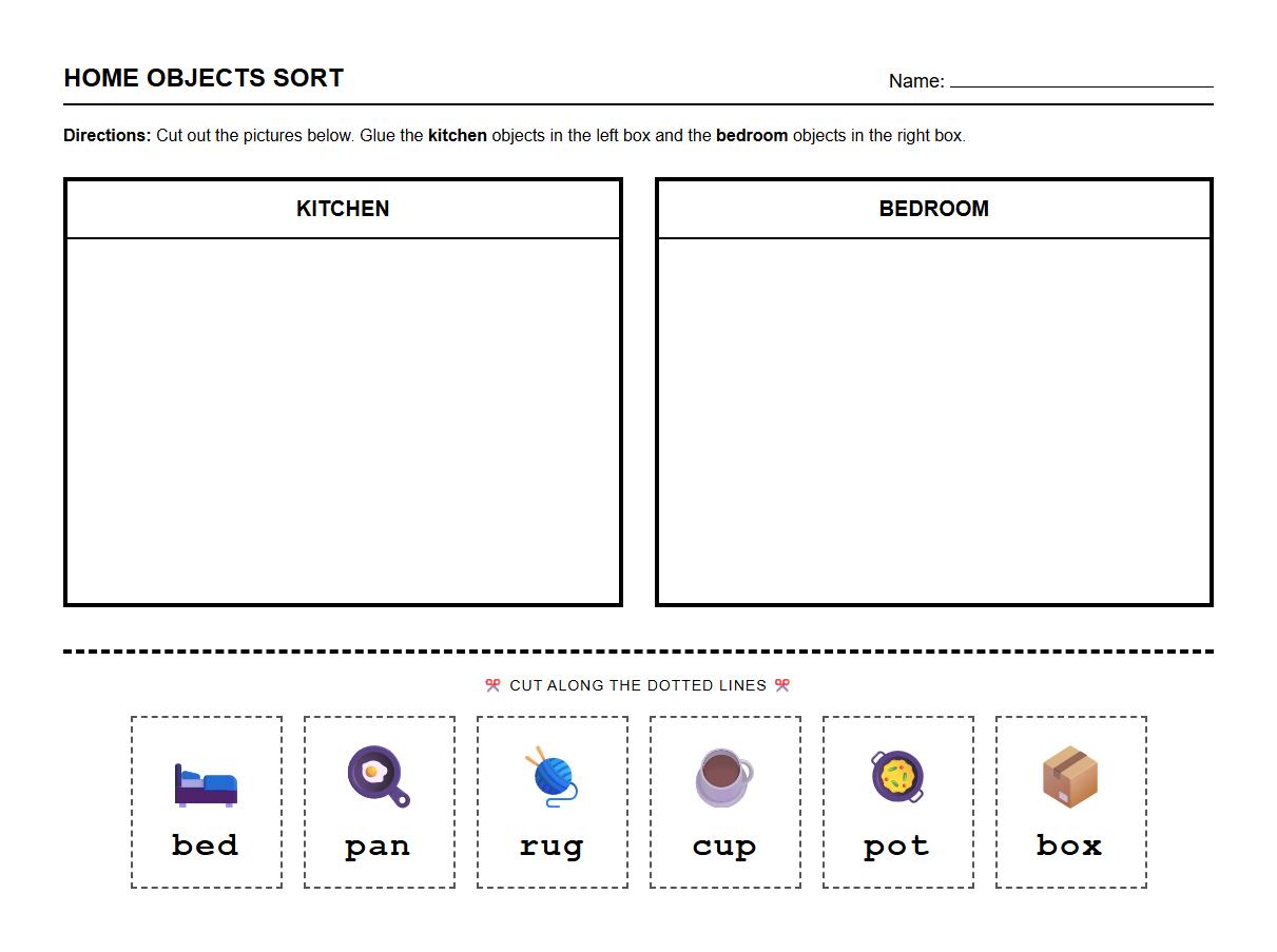 CVC Word Sorting Worksheet for Home Objects Vocabulary