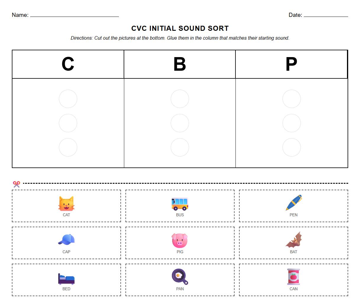CVC Words Initial Sound Sorting