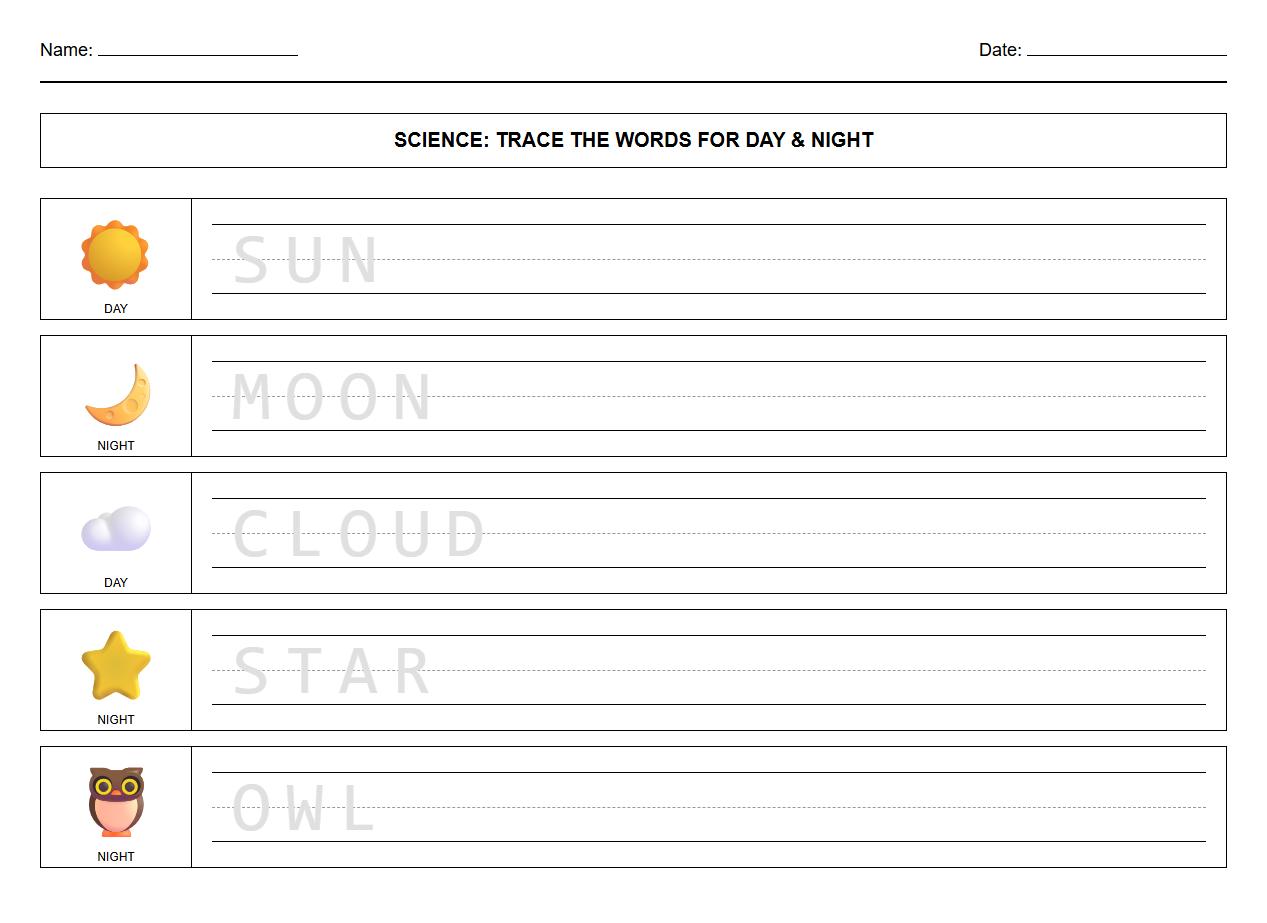 Daytime and Nighttime Object Names Phonics Tracing Sheet