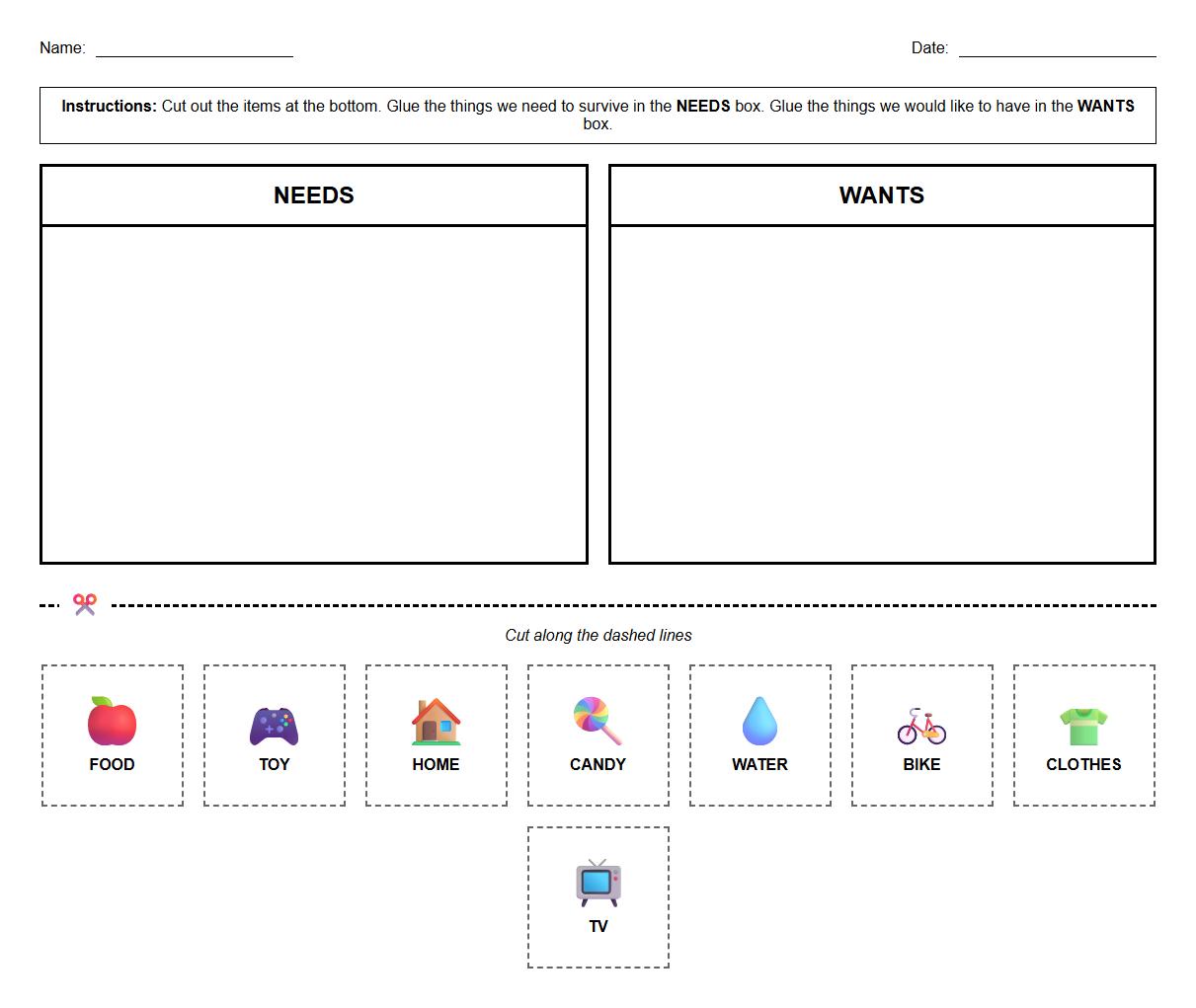Drag and Drop Digital Needs vs Wants Classification Exercise