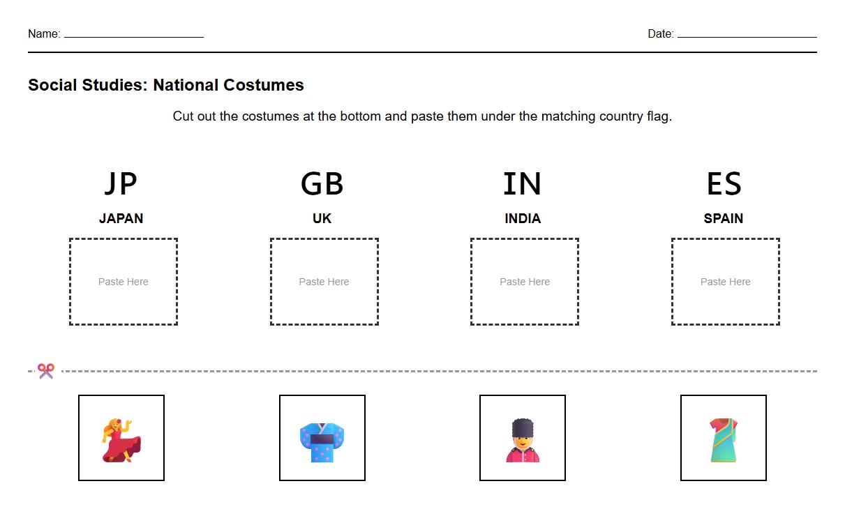 Drag and Drop National Costume Worksheet