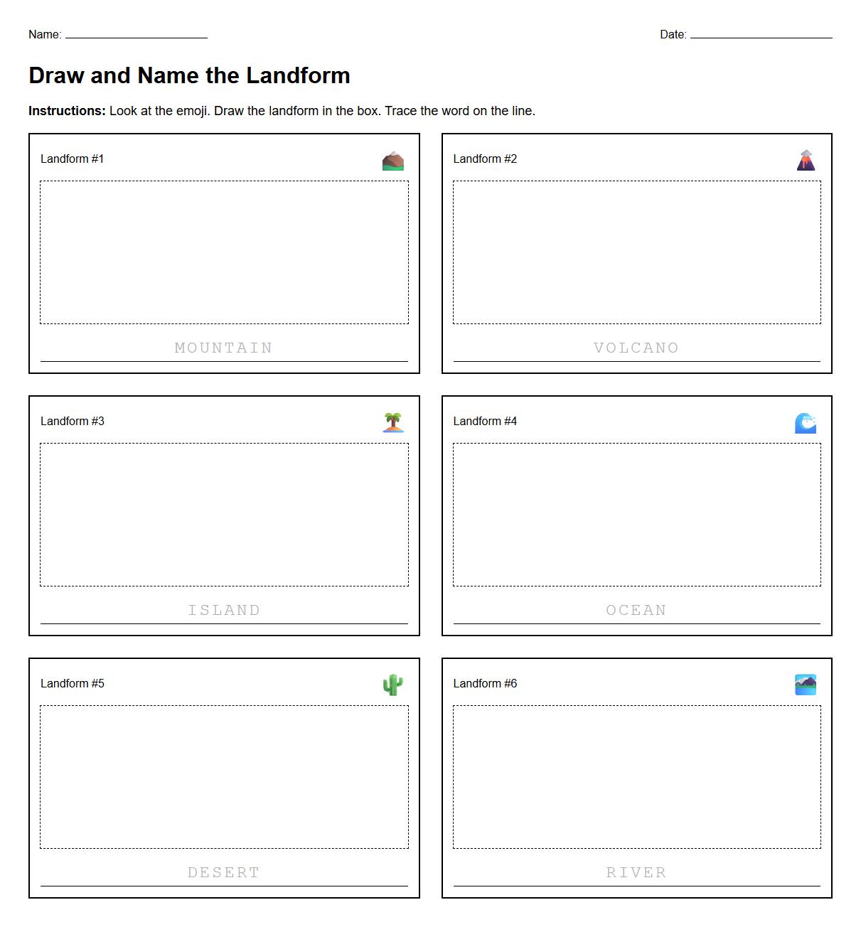 Draw and Name the Landform Worksheet