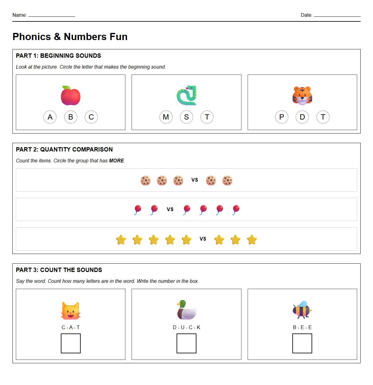 Early Learner Phonics Worksheet Phoneme Sound and Quantity Comparison