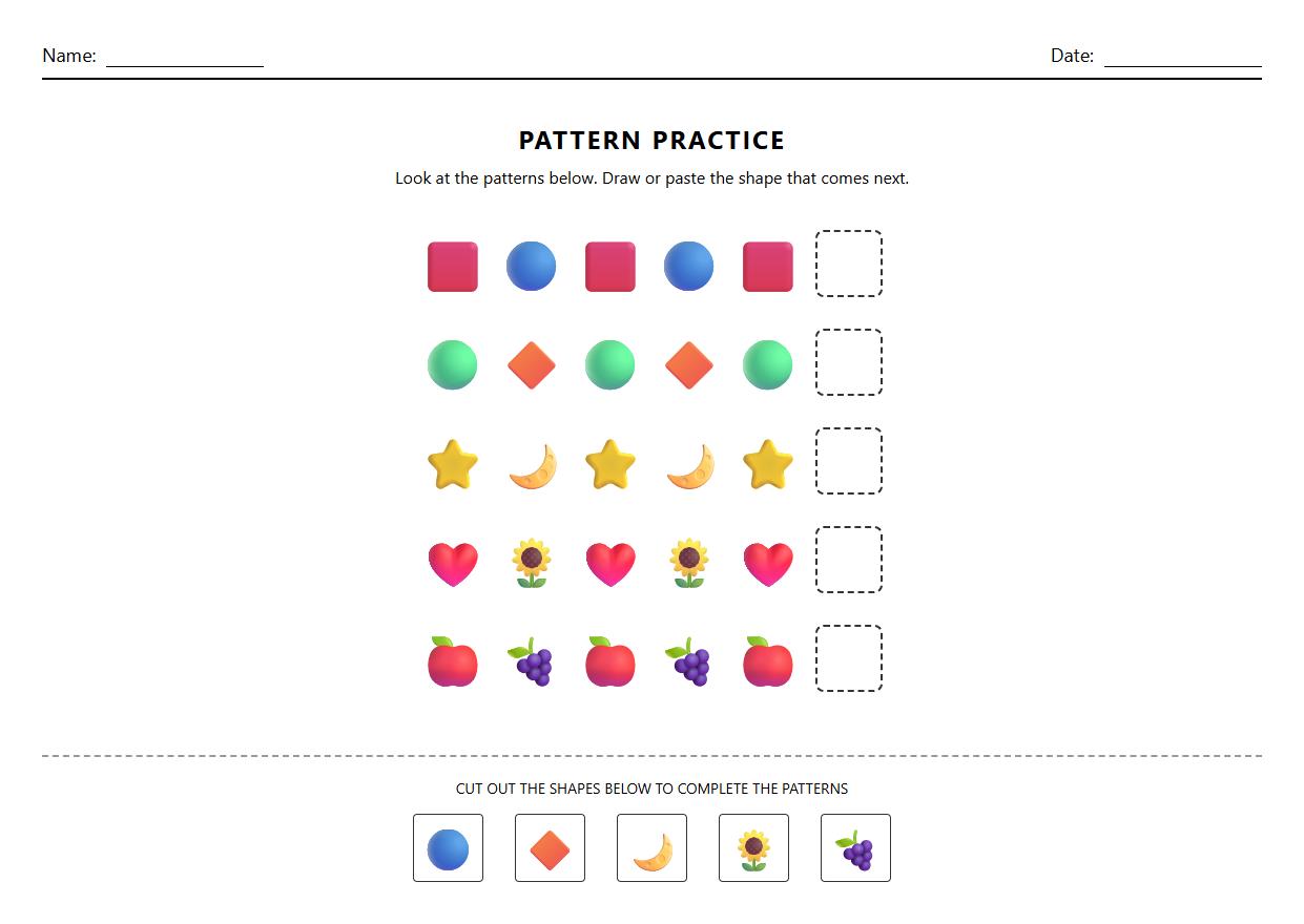 Early Math AB Pattern Worksheet with Colored Figures