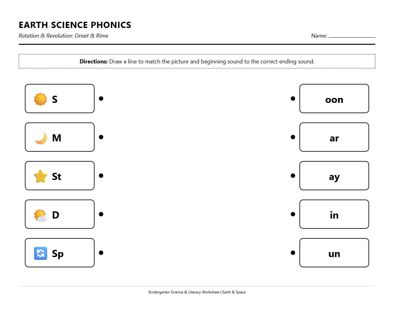 Earth Rotation and Revolution Onset and Rime Matching Sheet