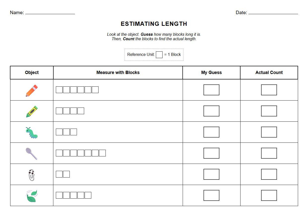 Estimating Length Using Nonstandard Units Worksheet for Kindergarten