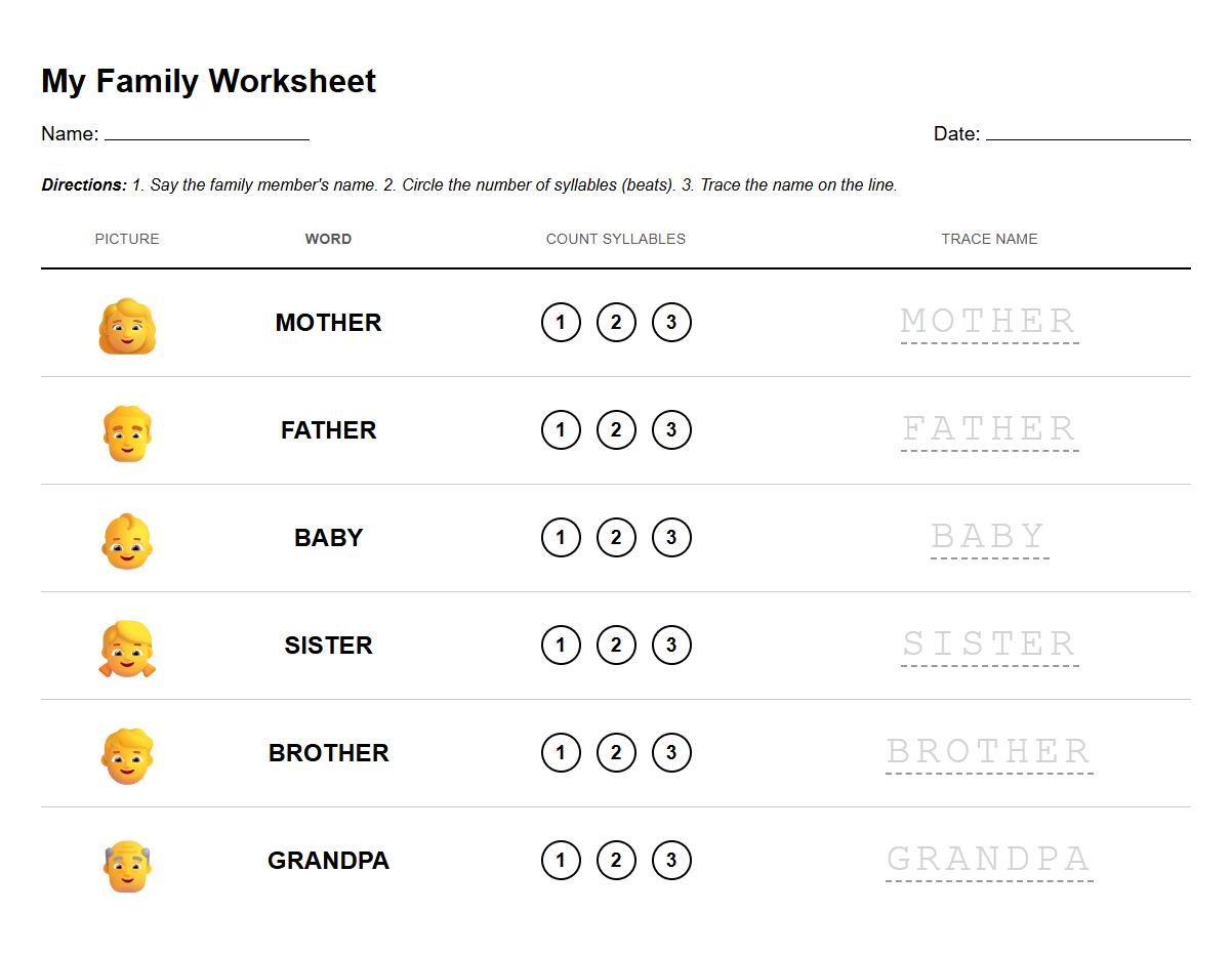 Family Member Syllable Counting and Name Matching Worksheet