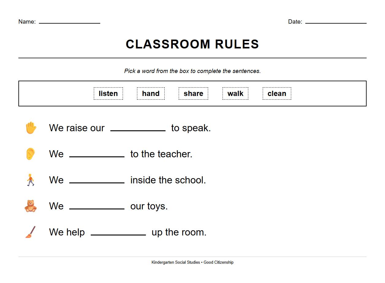 Fill in the blank exercise about classroom rules